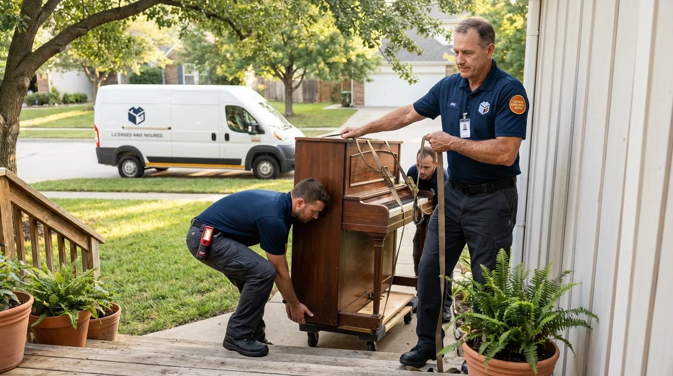 Licensed piano movers securing grand piano in Laytonville, CA