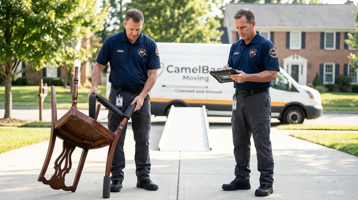 Movers inspecting furniture for damage prevention before loading in Laytonville, CA